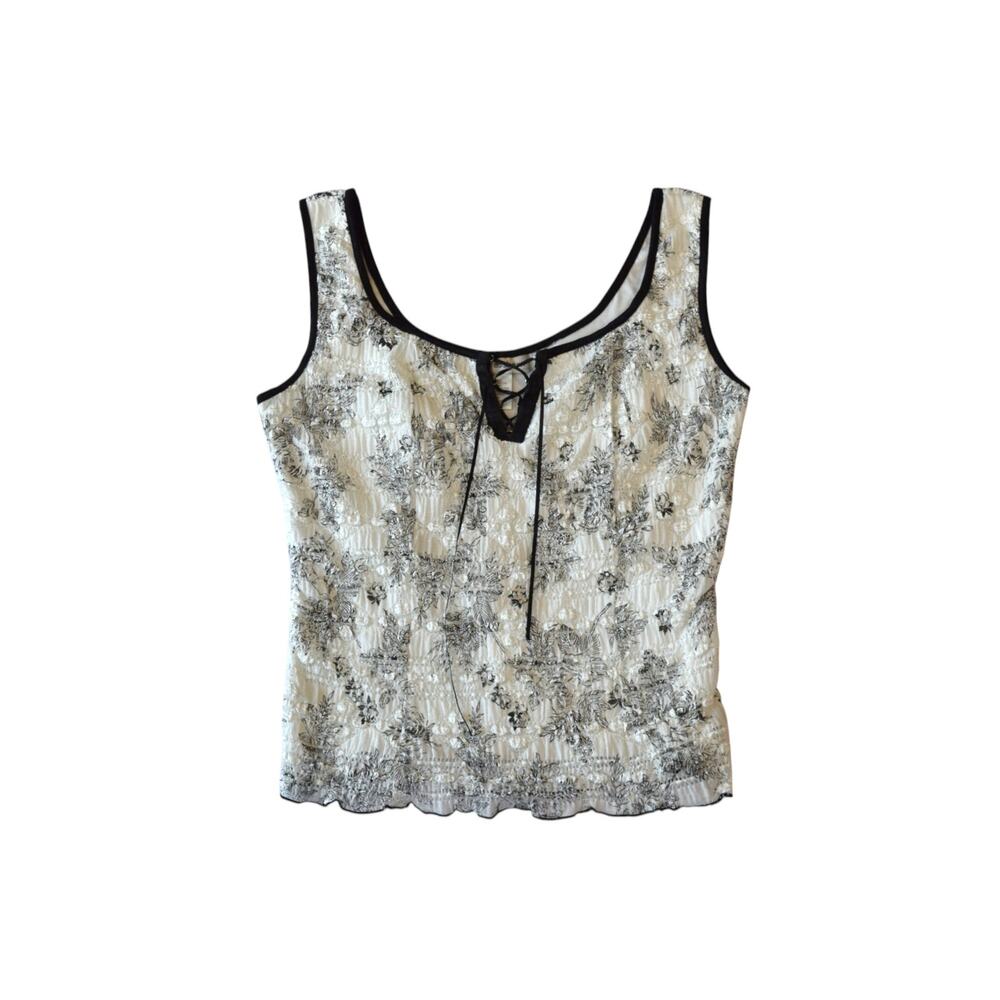 Y2K Lace Up Floral Mesh Tank Top White Black Medium